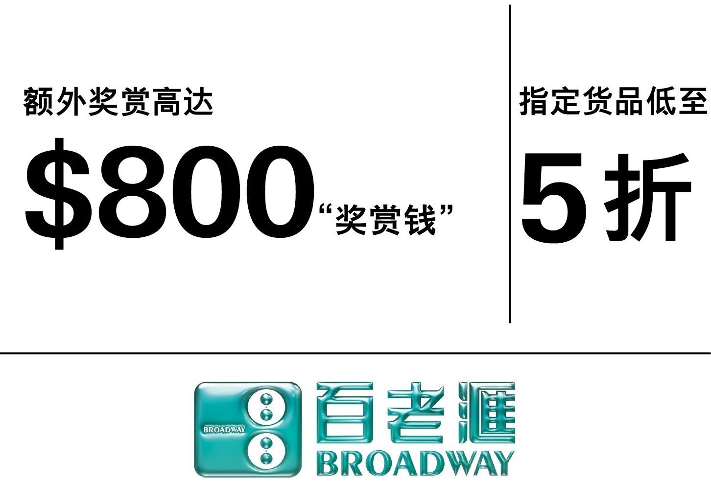 百老汇：额外「奖赏钱」高达$700，指定货品低至5折。迎新优惠高达$1,000「奖赏钱」。